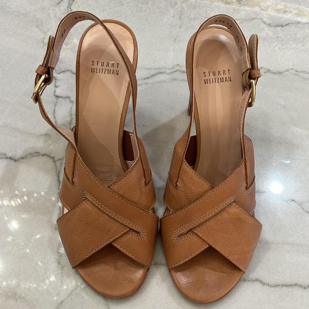 Stuart Weitzman Tan Leather Stacked Heel Sandles